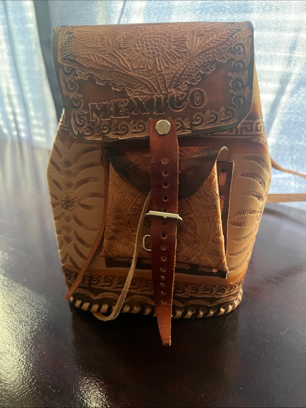 Hand-Tooled Brown Leather Mexico Backpack - Women's Rustic Leather Rucksack